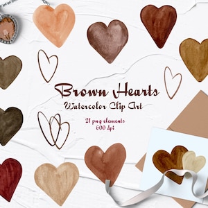 Clipart de corações marrons aquarela. Clipart de corações neutros. Clip Art de Valentine. Clipart de amor aquarela. PNG de corações bege. 600dpi
