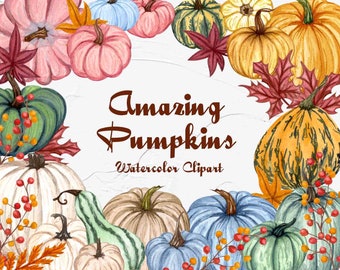 Pumpkin Watercolor Clipart. Autumn Clip Art. Blue, Pink, Yellow, Green Pumpkin Illustration. Harvest Clip Art. Pumpkins Clipart. Fall PNG