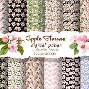 Papier numérique aquarelle Apple Blossom. Motifs sans couture Apple. Papier numérique pour fleurs printanières. Papier numérique prune