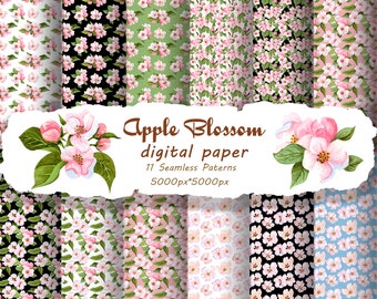 Papel digital de acuarela de flor de manzana. Patrones sin costuras de Apple. Flores de primavera papel digital. Papel digital ciruela