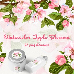 Ensemble d’aquarelle de fleur de pommier. Clipart de fleurs réalistes pour un téléchargement instantané. Cartes de vœux, scrapbooking, ensemble de mariage. 600 dpi