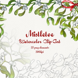 ClipArt Aquarelle au gui. Illustration du gui de Noël. Couronnes de gui. Aquarelle Brindille de gui. Clipart d’hiver PNG