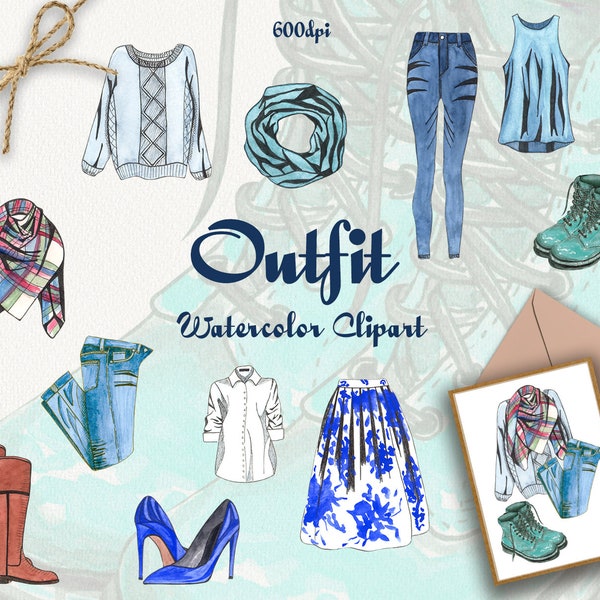 Watercolor fashion clipart. Wardrobe clipart. Watercolor clothes. Woman fashion clothes. Fashion illustration. PNG