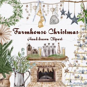 Agriturismo Natale Clipart. Natale rustico. Casa di arredamento invernale. Albero di Natale ad acquerello. Clipart invernale. Caminetto