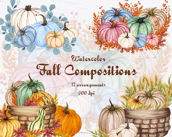 Watercolor Fall Compositions. Pumpkin Clipart. Autumn Clip Art. Blue, Pink, Yellow, Green, White Pumpkins Illustration. Harvest Clip Art.