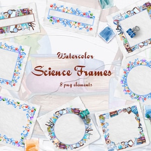Science Aquarelle Clipart. Retour à l’école. Cadre scientifique. Chimie, Illustration de laboratoire, Couronnes scientifiques, Science vintage. .PNG