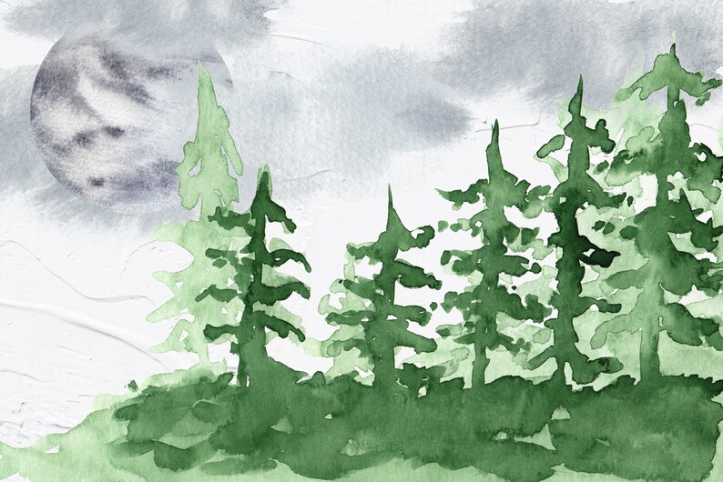 Peut inclure: Peinture &agrave; l'aquarelle d'une sc&egrave;ne de for&ecirc;t avec une grande lune grise en arri&egrave;re-plan. Les arbres sont verts et le ciel est gris clair.
