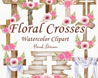 May include: A set of watercolor illustrations of floral crosses. The crosses are decorated with pink flowers and green leaves. The text "Floral Crosses Watercolor Clipart Hand Drawn" is written below the crosses.