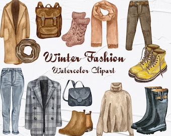 May include: Watercolor illustration of winter fashion items, including a tan coat, backpack, socks, scarf, pants, boots, jeans, a plaid blazer, a purse, a turtleneck sweater, and rain boots. The text "Winter Fashion Watercolor Clipart" is also present.
