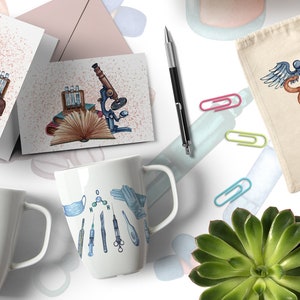 May include: A set of medical themed illustrations featuring a stethoscope, heart, microscope, books, test tubes, a medical bag, pills, a medical symbol, and surgical tools. The illustrations are in watercolor style and are perfect for creating medical themed crafts, cards, and other projects.