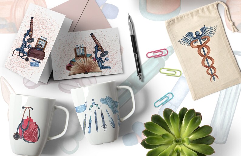 May include: A set of medical themed illustrations featuring a stethoscope, heart, microscope, books, test tubes, a medical bag, pills, a medical symbol, and surgical tools. The illustrations are in watercolor style and are perfect for creating medical themed crafts, cards, and other projects.