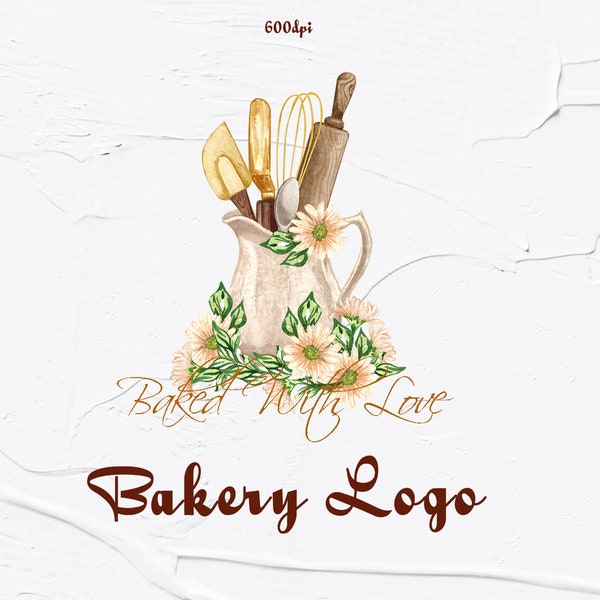 Watercolor bakery logo. Baking Watercolor Clipart. Home Bakery Logo Design. Pastry Cake Logo, Baking Logo, Flower Logo, Food Logo BC