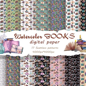 Bücher Seamless Patterns. Bücher Digitales Papier. Leser-Muster. Schule nahtlose Muster. Digitales Lehrpapier, Bibliothekspapier (OB)
