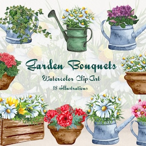 Könnte beinhalten: Aquarell-Clipart-Illustrationen von 18 verschiedenen Gartensträußen in verschiedenen Töpfen und Gießkannen. Die Sträuße beinhalten Gänseblümchen, Nelken, Hortensien und Efeu.