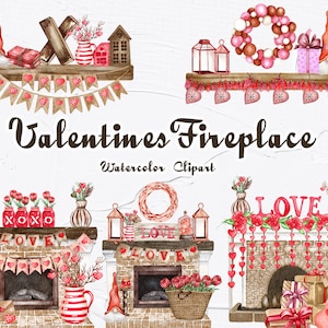 Clipart ad acquerello di San Valentino. Decorazioni caminetti di San Valentino. Clipart di San Valentino. Adoro Clipart. Clipart romantica. PNG 600dpi