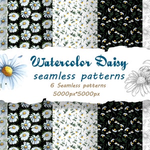 Daisy Watercolor Digital Paper. Chamomile Paper. Meadow Wildflower Seamless Paper. Daisy scrapbooking. White flowers wrapping paper