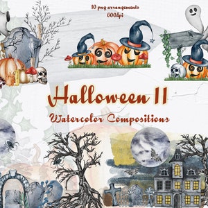 Halloween Aquarel Clipart. Aquarel Halloween Decor Clipart. Halloween composities. Grafstenen Halloween. Herfst Arrangemets.