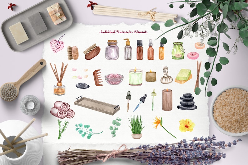 May include: Watercolor illustrations of spa and wellness items, including candles, essential oils, bath salts, a wooden tray, a comb, a brush, a massage ball, and a sprig of rosemary.