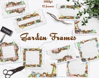 Marcos de jardín Acuarela Clipart. Ilustración de herramientas de jardín. Arte de jardín de acuarela, primavera, imágenes prediseñadas de jardinería para descarga instantánea. PNG (GC)
