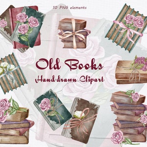 May include: A set of 10 watercolour illustrations of old books with floral accents. The books are in various shades of brown, green, and blue, with delicate pink flowers and ribbons. The illustrations are perfect for adding a vintage touch to your projects.