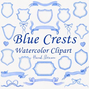 Toppen clipart. Trouwwapens. Aquarel kammen. Aquarel blauwe kuiflijsten en linten. Frames, randen. Babyshower. Familiemonogram