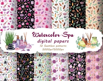 Spa Digital Paper. Watercolor Spa Clipart. Spa Seamless Patterns. Beauty and selfcare. Spa and Bath Walpaper. (SPA)