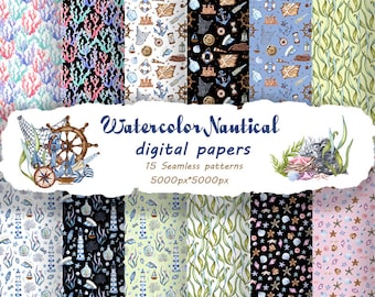 Maritimes Digitales Papier. Nautische nahtlose Muster. Maritimes Geschenkpapier. Aquarell Meeresleben Hintergrund. Meer Clipart. Anker