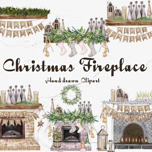 Agriturismo Natale Clipart. Natale rustico. Camino di Natale. Casa di arredamento invernale. Albero di Natale ad acquerello. Clipart invernale.