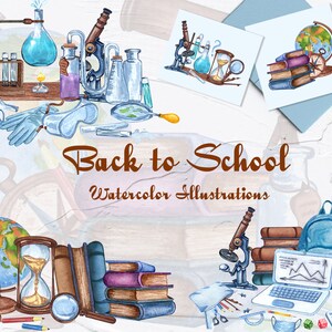 Clipart de acuarela escolar, acuarela de ciencia, regreso a la escuela, química, ilustración de equipos de laboratorio, ciencia vintage. .PNG