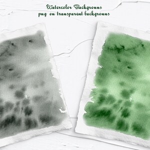 Peut inclure: Deux fonds aquarelle sur papier blanc. Les fonds sont verts et gris. Le texte "Watercolor Backgrounds png on transparent backgrounds" est en haut de l'image.
