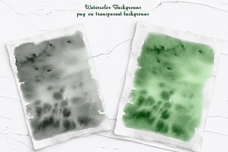 Peut inclure: Deux fonds aquarelle sur papier blanc. Les fonds sont verts et gris. Le texte "Watercolor Backgrounds png on transparent backgrounds" est en haut de l'image.