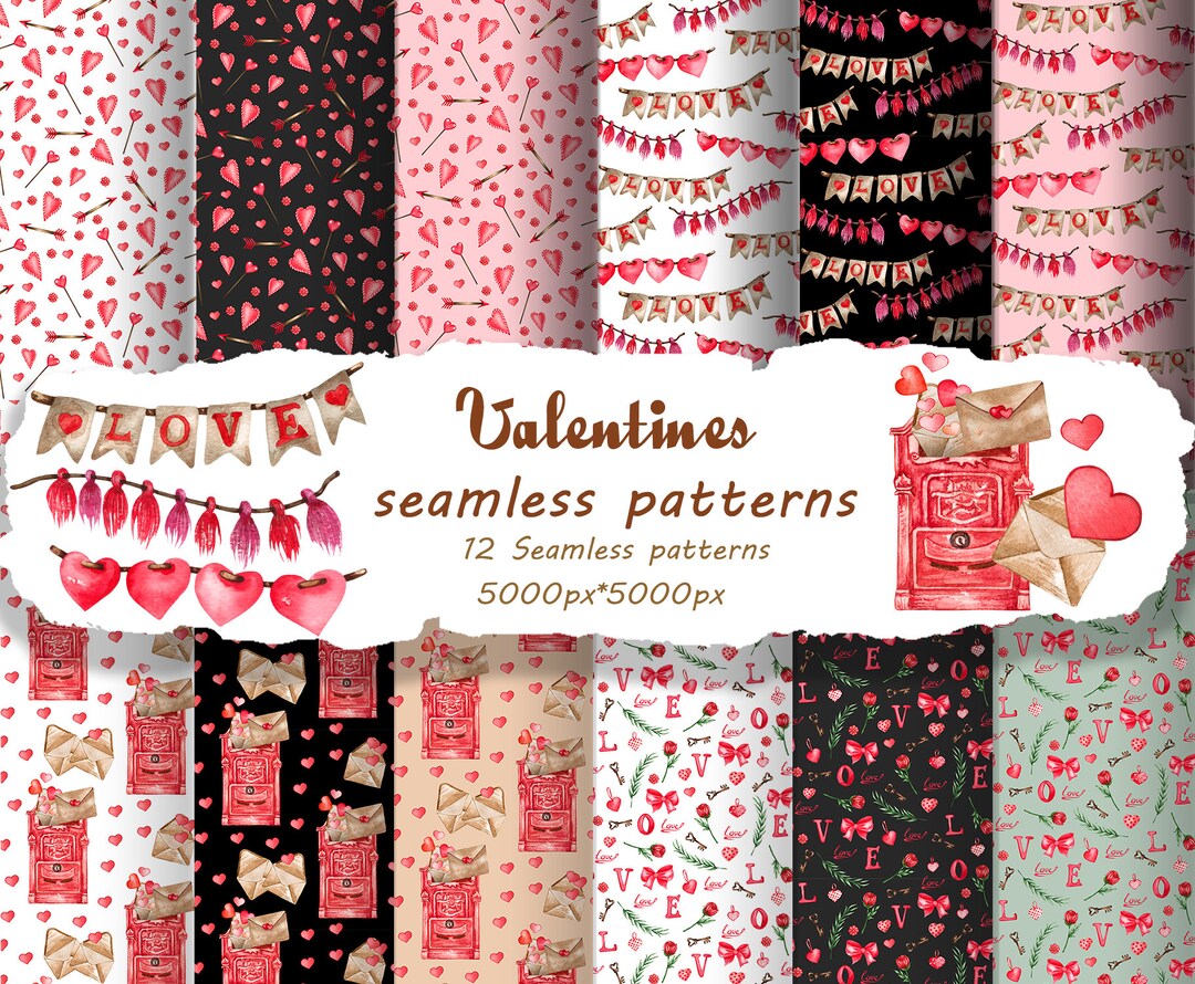Valentines Watercolor Digital Paper. Love Seamless Patterns. Valentines ...
