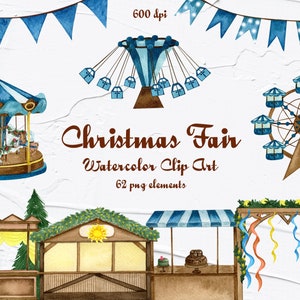 Clipart del mercatino di Natale, Fiera di Natale ad acquerello, Set di città invernali, Illustrazione di caroselli di Capodanno, Gioia natalizia, PNG