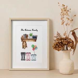 May include: A watercolour illustration of a family home entryway with a shelf, a jacket, a plant, a camera, and four pairs of wellies. The text "The Andrews Family" is at the top of the illustration.