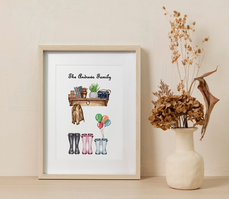May include: A watercolour illustration of a family home entryway with a shelf, a jacket, a plant, a camera, and four pairs of wellies. The text "The Andrews Family" is at the top of the illustration.