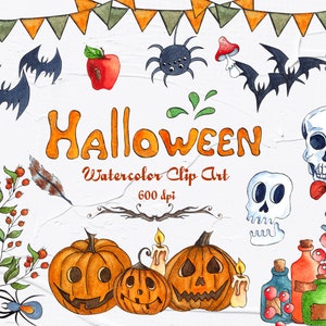 Watercolor Halloween clipart, Autumn clipart, pumpkin illustration, Halloween elements, party invitation, spider, bat, scull, poison. PNG