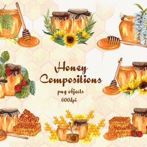 Honig Aquarell Clipart, Honig Logo, Honig Illustration, Honig Biene Aquarell Clip Art, Honigglas. PNG 600dpi.