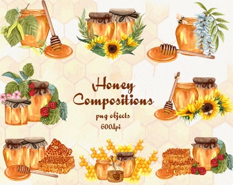 Honey Watercolor Clipart, Honey Logo, Honey Illustration, Honey Bee Watercolor Clip Art, Honey Jar. PNG 600dpi.