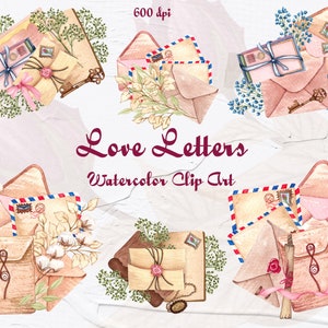 Clipart di lettere d&#39;amore. Clipart vintage ad acquerello, collezione di scrittori, biblioteca vintage, illustrazione d&#39;amore, club di lettura, lettera, piuma. PNG