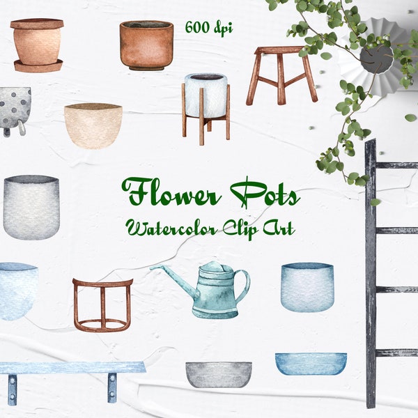 Plant Pots Watercolor Clipart. Pots for plants Clipart. Watercolor Pot. Flower Pot. Houseplants. PNG