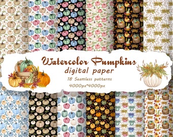 Pumpkin Digital Paper. Watercolor Pumpkin seamless patterns, Watercolor fall patterns, Harvest Seamless patterns, Autumn digital paper.