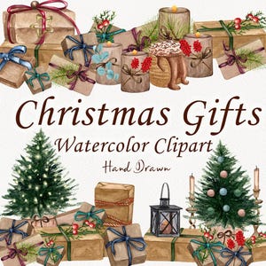 Clipart aquarelle de sapin de Noël. Clipart de cadeaux de Noël. Vacances d'hiver. Cadeaux du nouvel an. Clipart de coffrets cadeaux. Arbre de Noël PNG