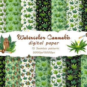 Cannabis Dadital Paper,  Cannabis Seamless paper, Hemp wrapping paper, Marijuana clipart, Watercolor Cannabis leaves, hemp, weed  PNG