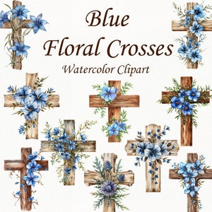 Clipart croix en bois. Clipart croix floral bleu. Clipart floral croix aquarelle. Croix de baptême. Symbole de Pâques. Clipart croix aquarelle