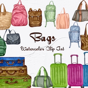 Maletas de viaje y bolsas De acuarela Clip Art. Clipart de viaje, maletas vintage. Imágenes prediseñadas de equipaje PNG