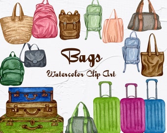 Travel Suitcases and Bags Watercolor Clip Art. Travelling Clipart, Vintage Suitcases. Luggage clip art PNG