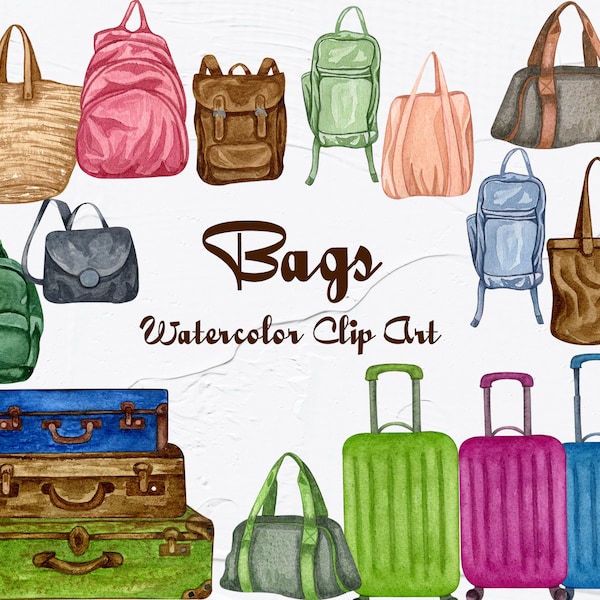 Travel Suitcases and Bags Watercolor Clip Art. Travelling Clipart, Vintage Suitcases. Luggage clip art PNG
