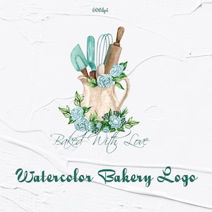 Aquarell Bäckerei Logo. Backen Aquarell Clipart. Hausbäckerei Logo Design. Gebäck-Kuchen-Logo, Back-Logo, Blumen-Logo, Lebensmittel-Logo BC