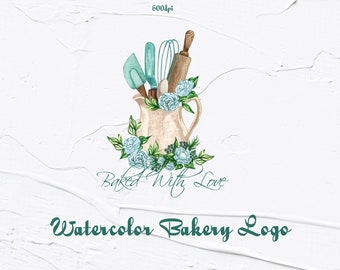Könnte beinhalten: Aquarell-Logo für eine Bäckerei mit dem Text "Baked With Love" und einer Kanne gefüllt mit Backutensilien und blauen Blumen.