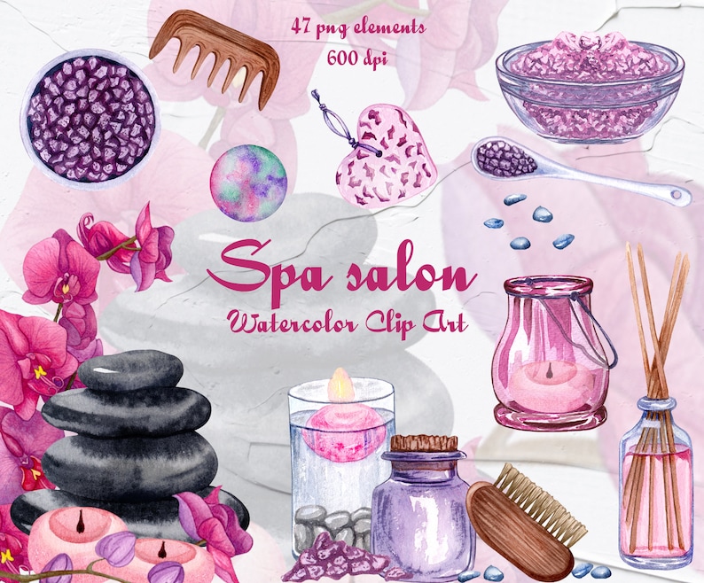 May include: Watercolor clip art set for spa salon with pink orchids, black stones, candles, a heart-shaped soap, a wooden comb, a bowl of purple bath salts, a glass jar with a candle, a bottle of essential oil with sticks, a wooden brush, and a jar of purple bath salts.